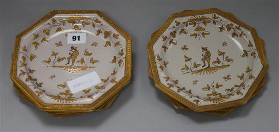 Seven octagonal faience plates